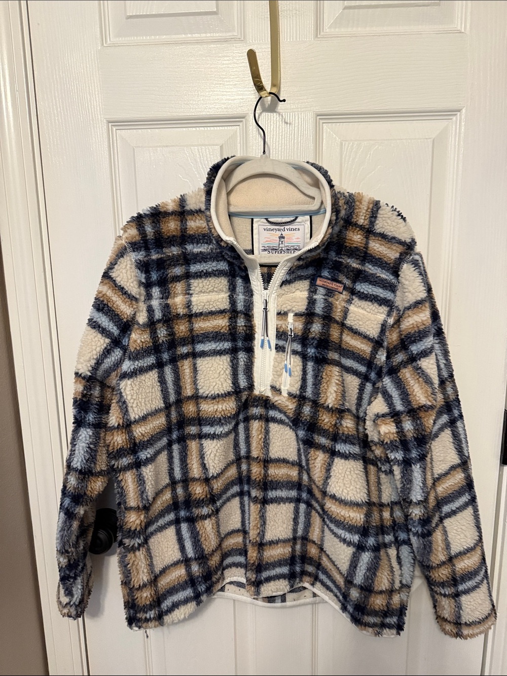 Vineyard Vines Women’s Plaid Sherpa Zip Pullover - Cream, Navy & Tan